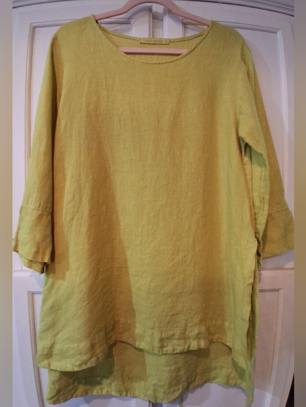 Cut Loose chartreuse yellow linen tunic, relaxed silhouette 3/4 length sleeves S